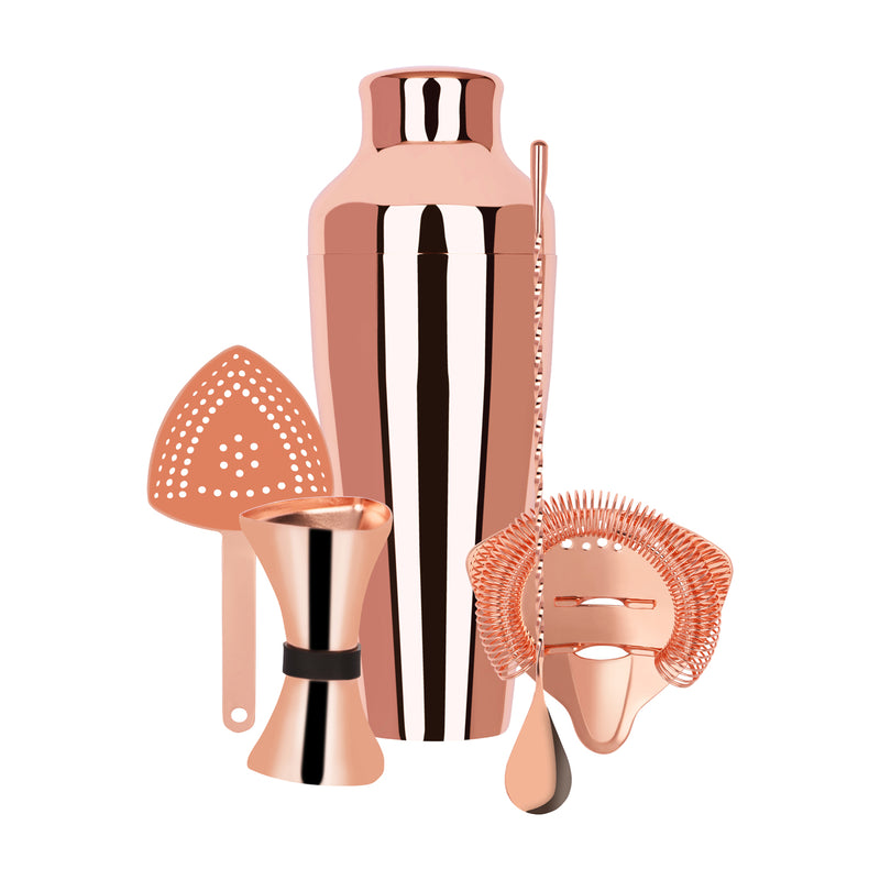 5 Piece Rose Gold Cocktail Set with 2 Piece Shaker